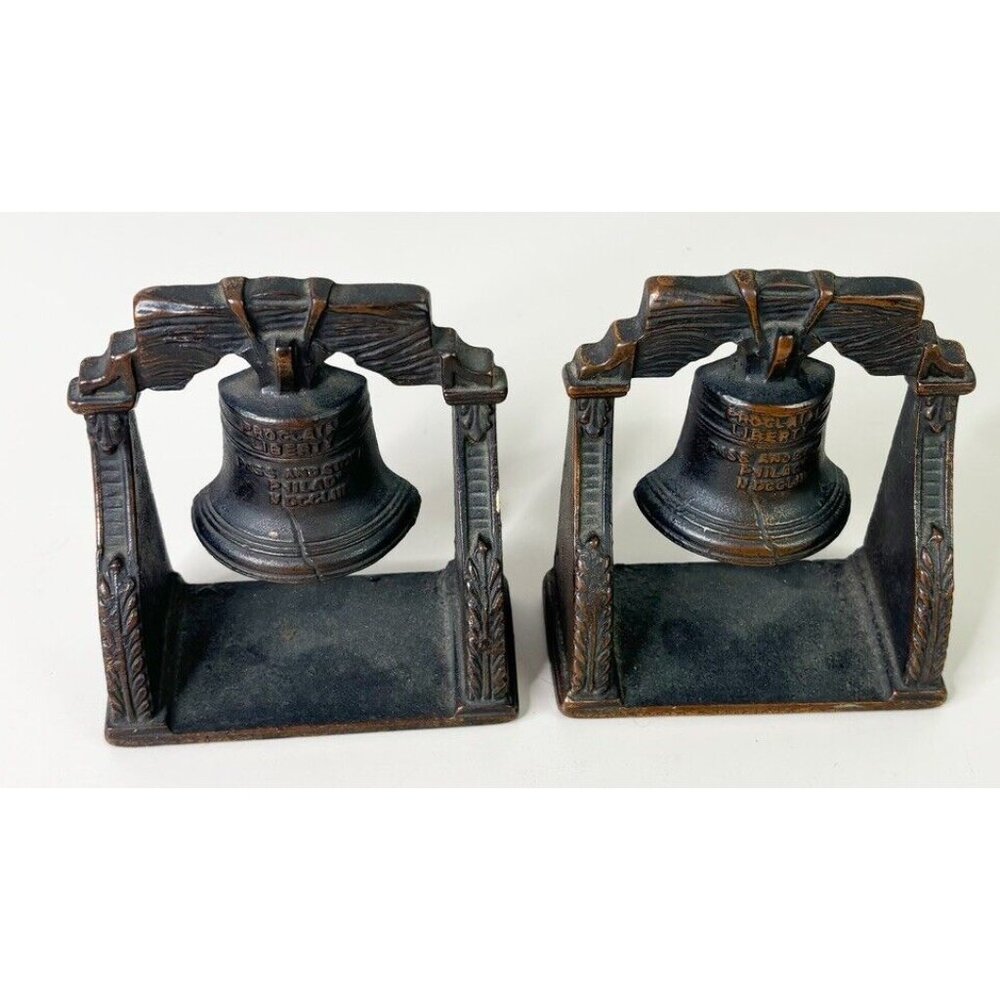 VTG Verona Liberty Bell Bookends Cast Iron Heavy with Dark Copper Bronze Finish